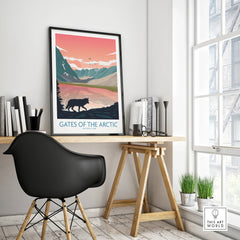 Framed Gates of the Arctic National Park travel poster on modern office desk with decor