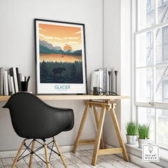 Framed Glacier National Park travel poster on modern office desk with black chair