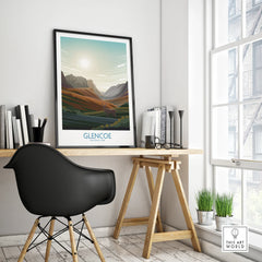 Framed Glencoe National Park travel poster on modern office desk by a window
