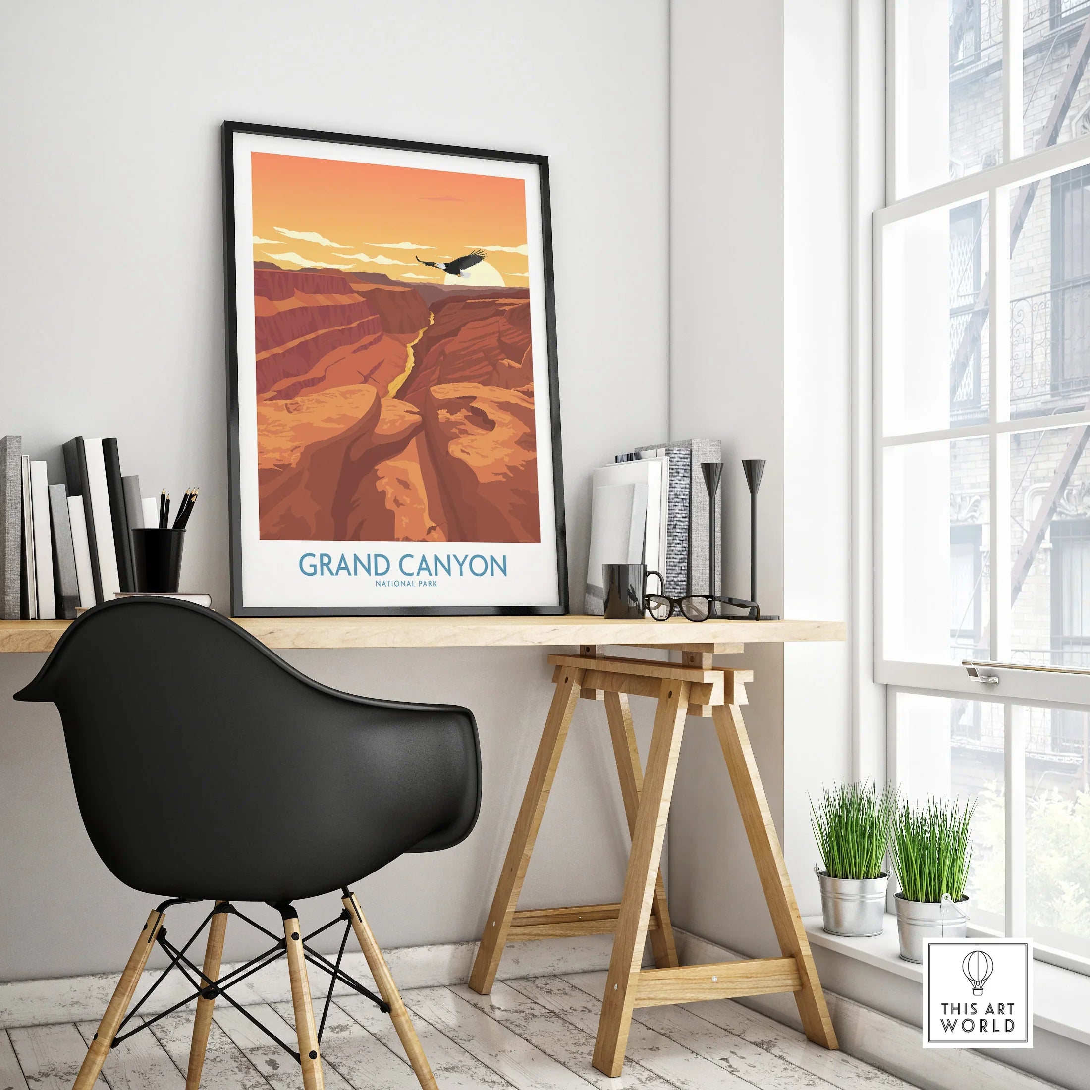Grand Canyon National Park travel poster in black frame on modern office desk, home decor