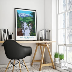 Mount Rainier National Park poster with waterfall in black frame on modern office desk