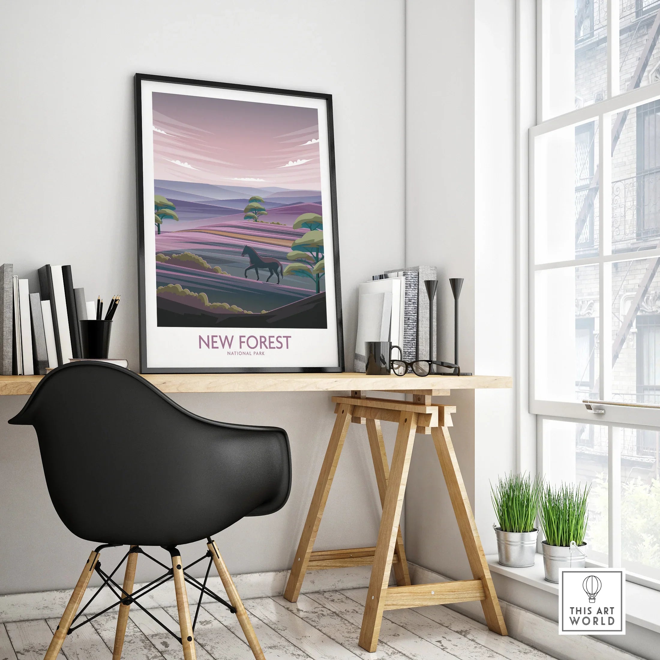 New Forest National Park art print in black frame on modern office desk with chair