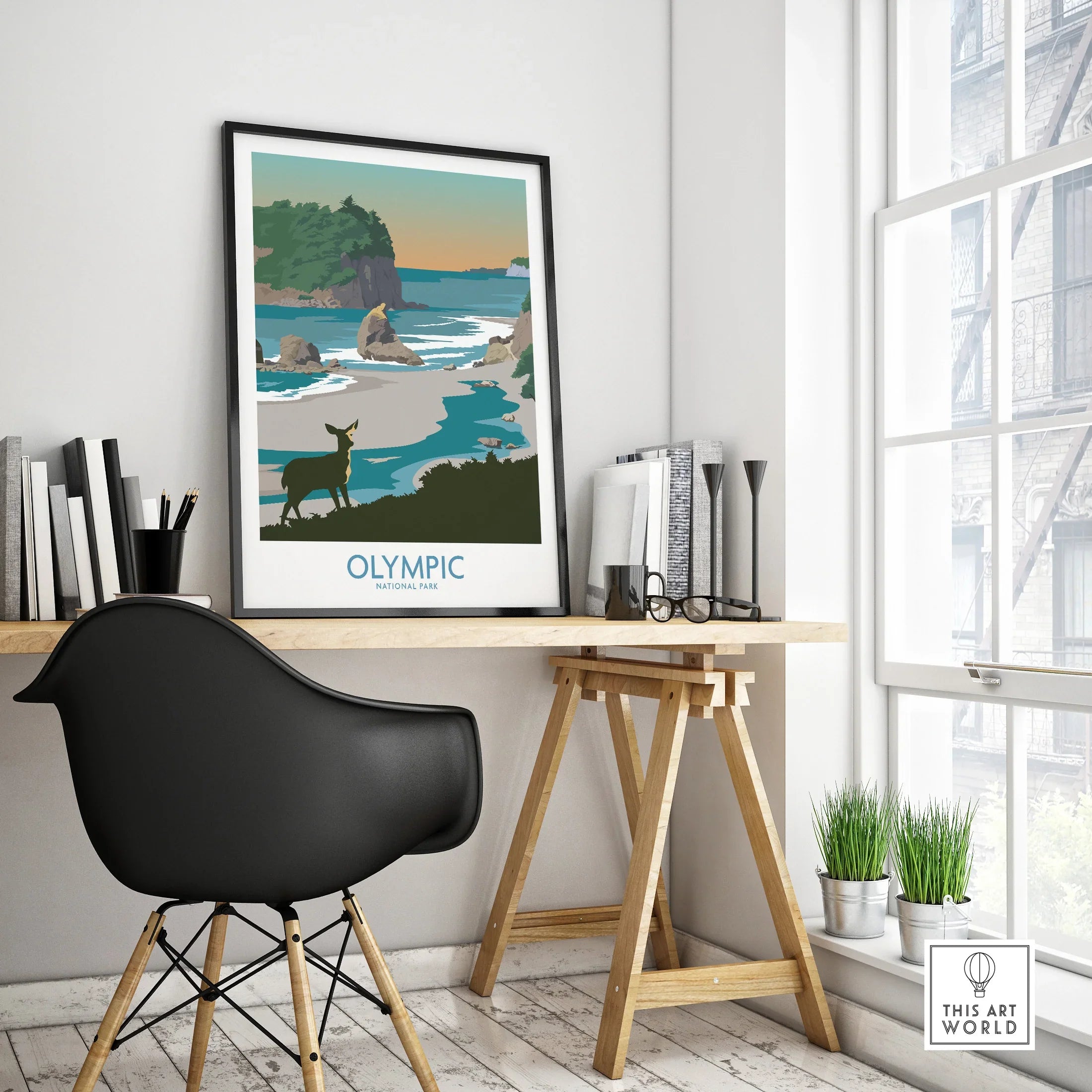 Olympic National Park travel poster in black frame on modern office desk with minimalist decor