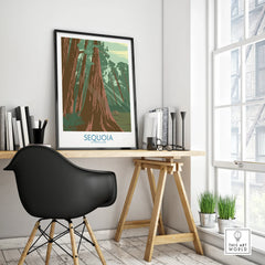 Sequoia National Park travel poster in black frame on modern office desk decor