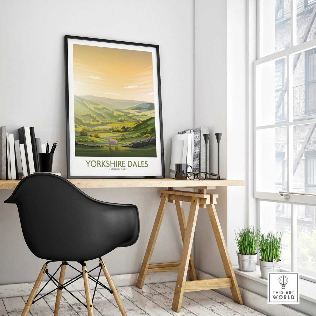 Yorkshire Dales National Park framed travel poster on modern office desk in bright room