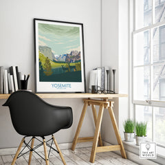 Framed Yosemite National Park travel poster on modern office desk with minimalist decor