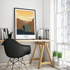 Zion National Park framed travel poster on modern office desk by window
