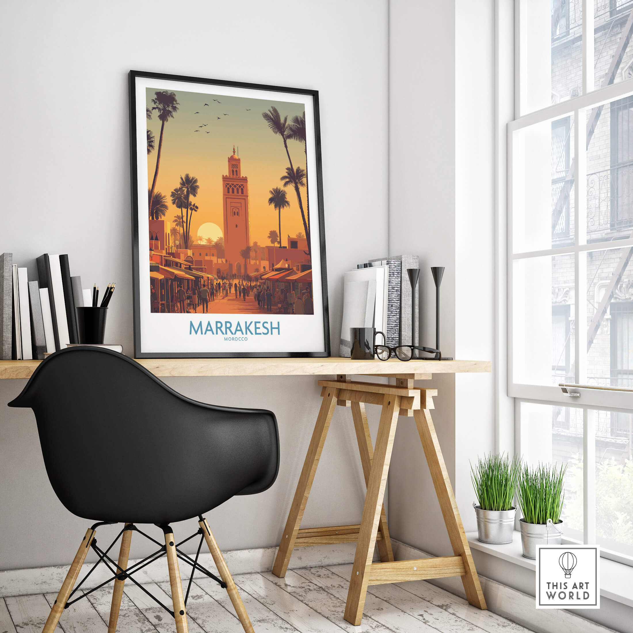 Marrakesh Morocco Posters | Historic Medina Sunset Canvas Print displayed in a stylish workspace setting.