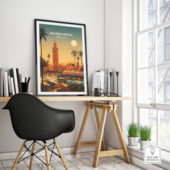 Marrakesh Morocco Wall Art Print | Bustling City Market Travel Posters displayed in a stylish interior setting.