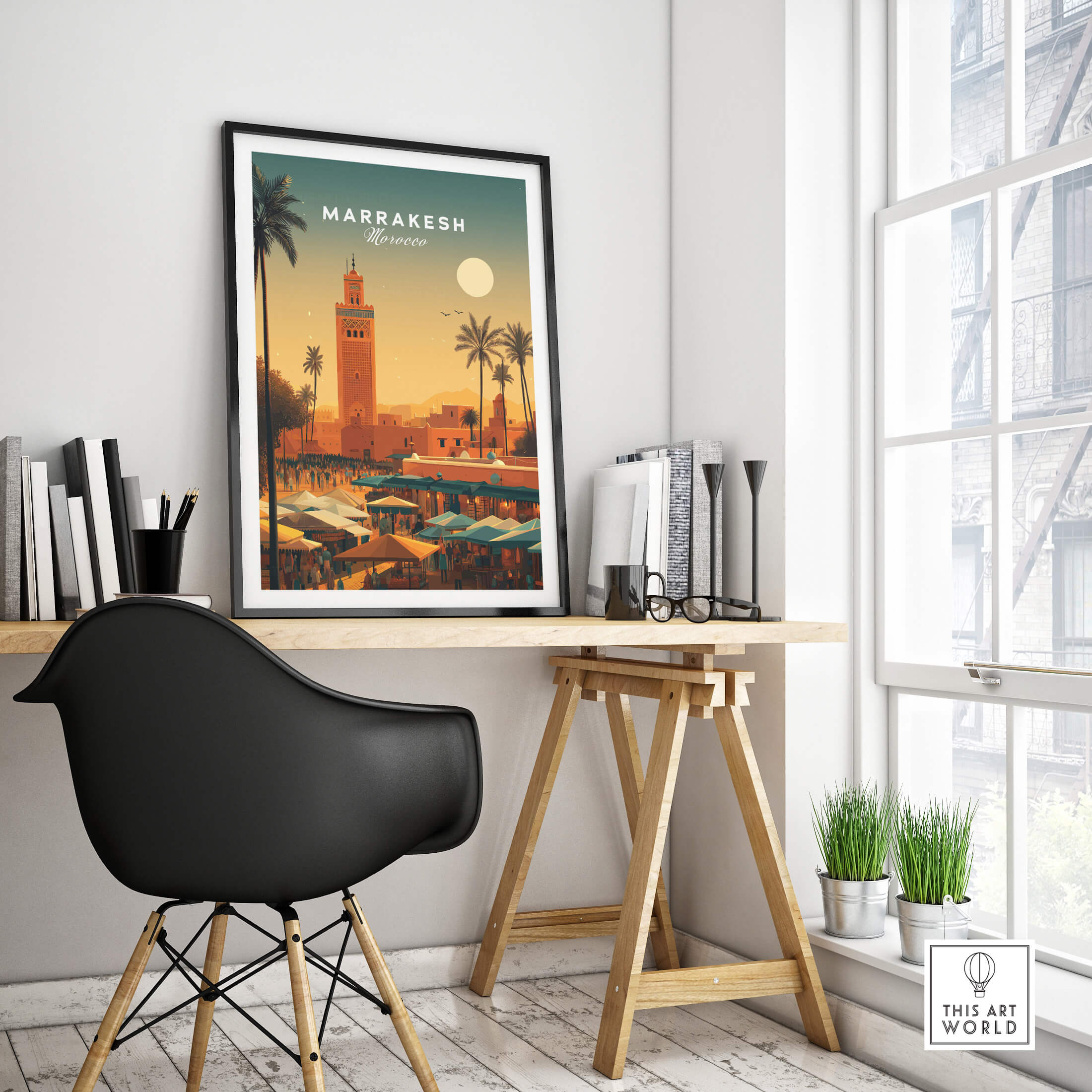 Marrakesh Morocco Wall Art Print | Bustling City Market Travel Posters displayed in a stylish interior setting.