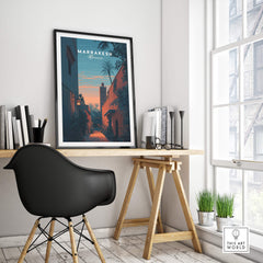 Marrakesh Morocco Travel Poster | Medina Alleyway Twilight Wall Art Print displayed in a stylish modern workspace.