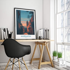Marrakesh Morocco Canvas Print | Cityscape Poster displayed in a modern home office setting with stylish decor.