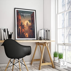 Marrakesh Morocco Wall Art Print | Sunset Medina Alleyway Travel Poster showcased in a stylish modern workspace.