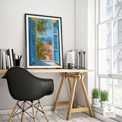 Matisse Open Window Art Print | French Riviera Sea View Poster displayed in a stylish interior with desk and chair.