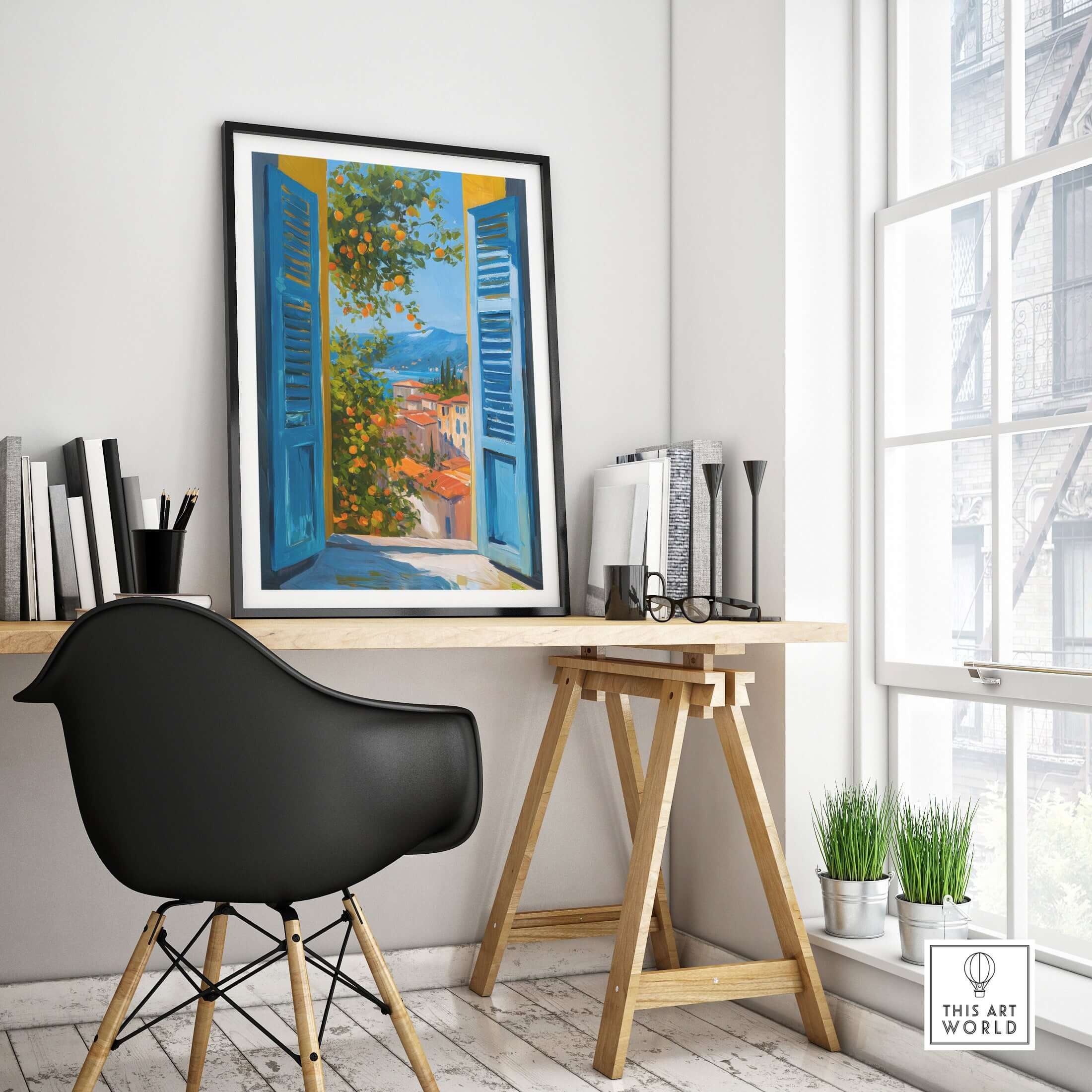Matisse Open Window Art Print | French Riviera Sea View Poster displayed in a stylish interior with desk and chair.