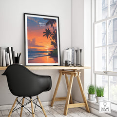 Maui Hawaii Wall Art Print | Tropical Beach Sunset Travel Poster displayed in a modern home office setting.