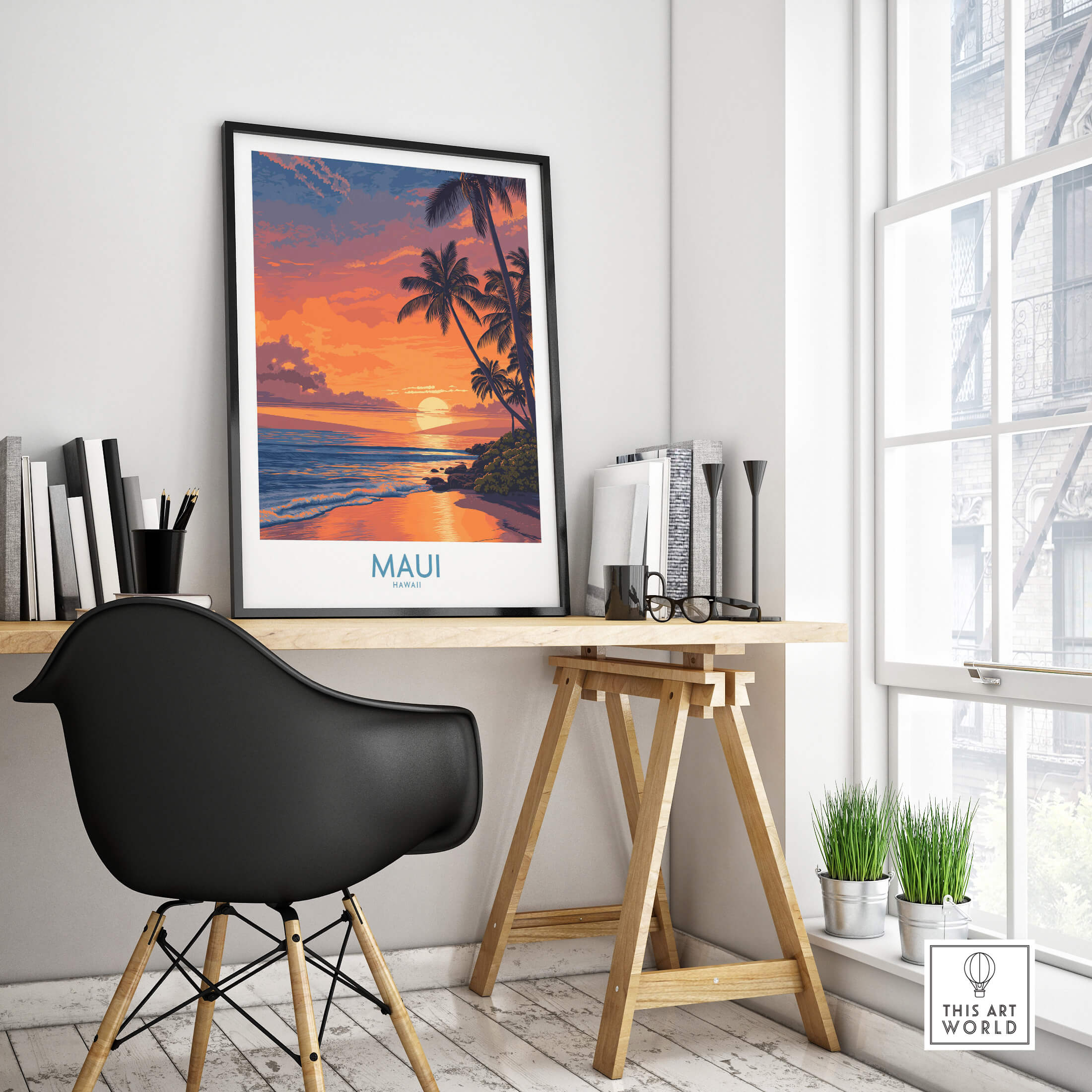 Maui Hawaii Canvas Print | Serene Tropical Beach Landscape Poster displayed in a modern room with a desk and sunlight.