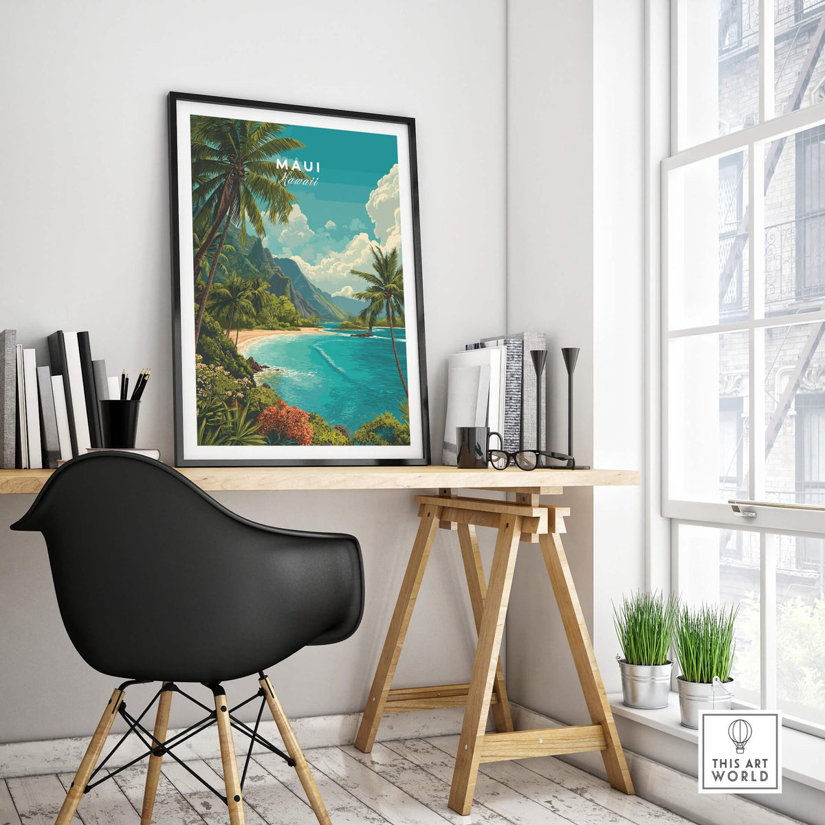 Maui Hawaii Wall Art Print | Lush Tropical Mountain Coast Travel Poster displayed in a stylish home office.
