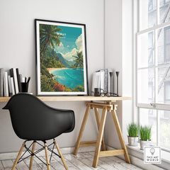Maui Hawaii Wall Art Print | Lush Tropical Mountain Coast Travel Poster displayed in a stylish home office.