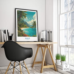 Maui Hawaii Poster | Exotic Island Paradise Shoreline Canvas Print displayed in a serene home office setting.