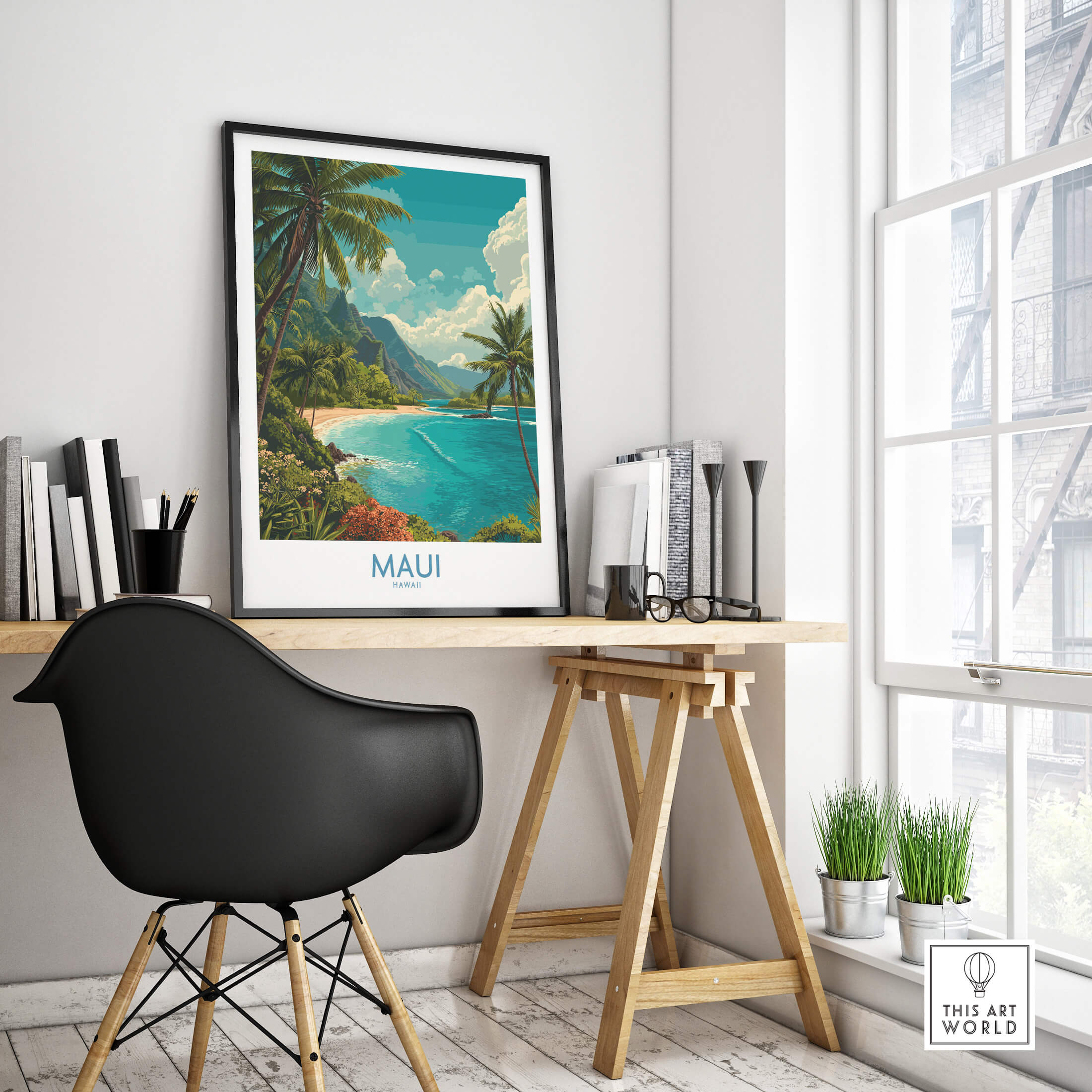 Maui Hawaii Poster | Exotic Island Paradise Shoreline Canvas Print displayed in a serene home office setting.
