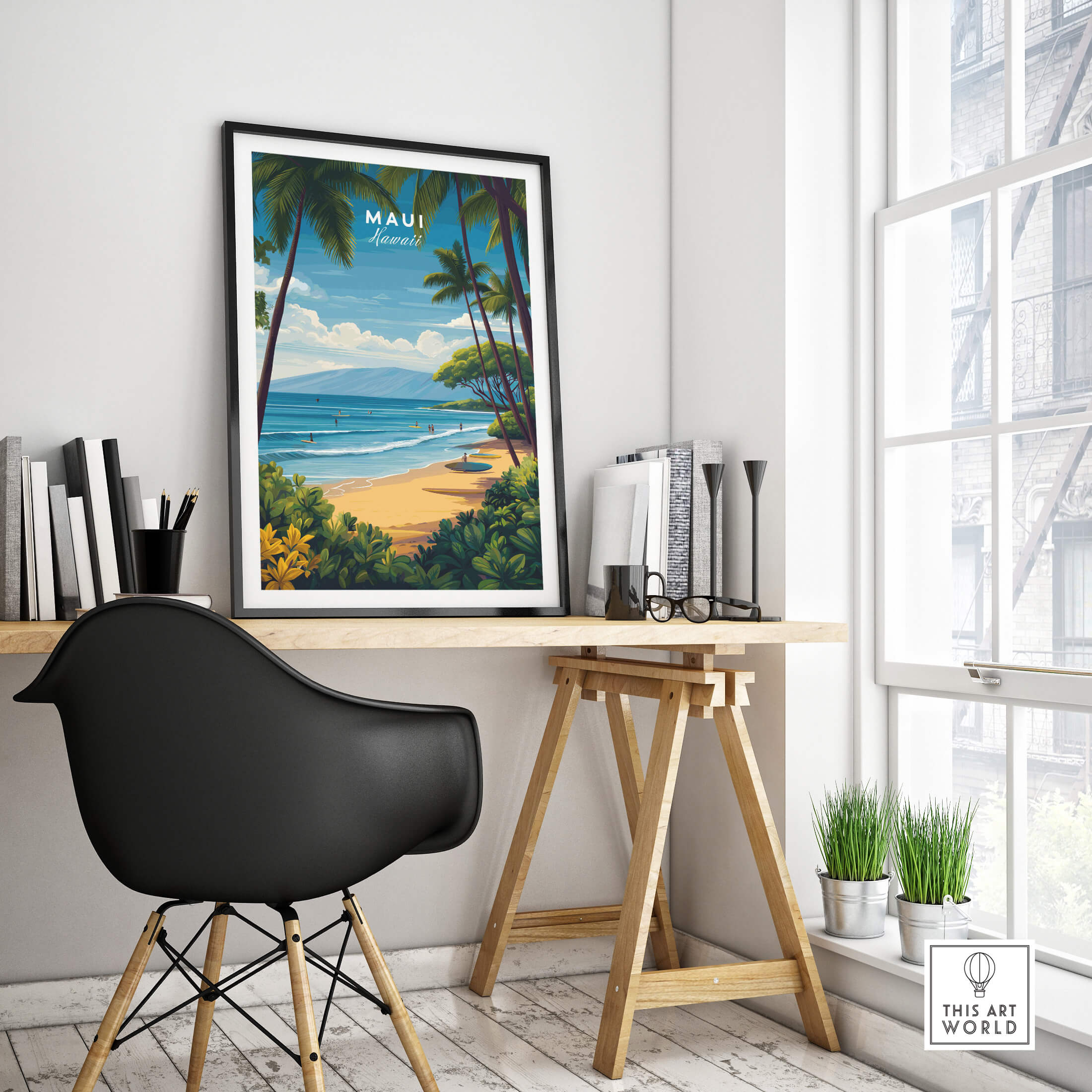 Maui Hawaii Travel Poster | Sunny Surfing Beach Wall Art Print displayed in a stylish workspace with greenery.