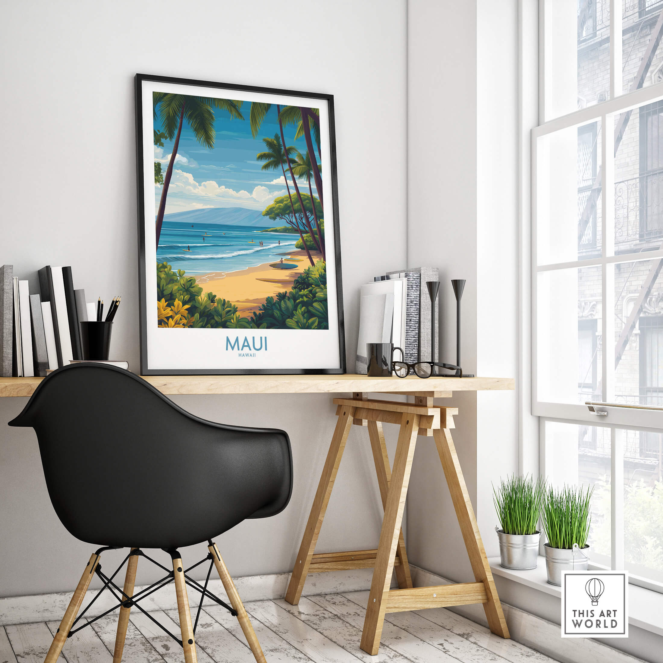 Maui Canvas Print | Hawaii Tropical Palm Trees & Waves Poster displayed in a stylish modern workspace with natural light.