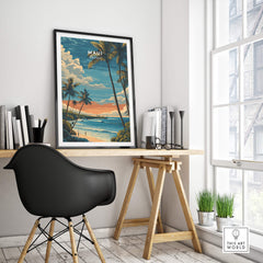 Maui Wall Art Print | Hawaii Evening Coastal Landscape Travel Poster displayed in a modern workspace with minimal decor.