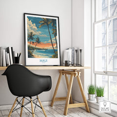 Maui Hawaii Poster | Tropical Twilight Shoreline Canvas Print displayed in a modern workspace with a stylish chair.