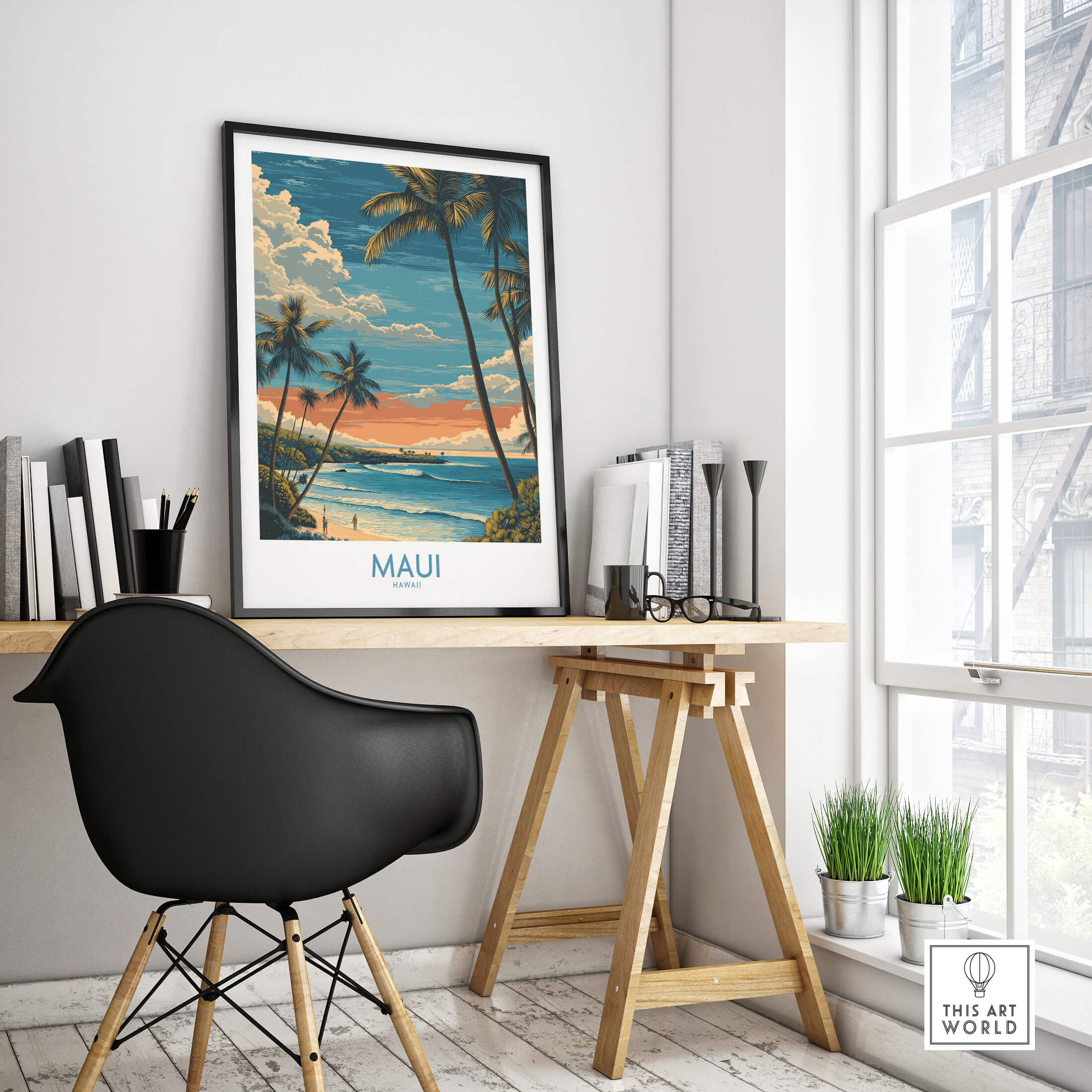 Maui Hawaii Poster | Tropical Twilight Shoreline Canvas Print displayed in a modern workspace with a stylish chair.