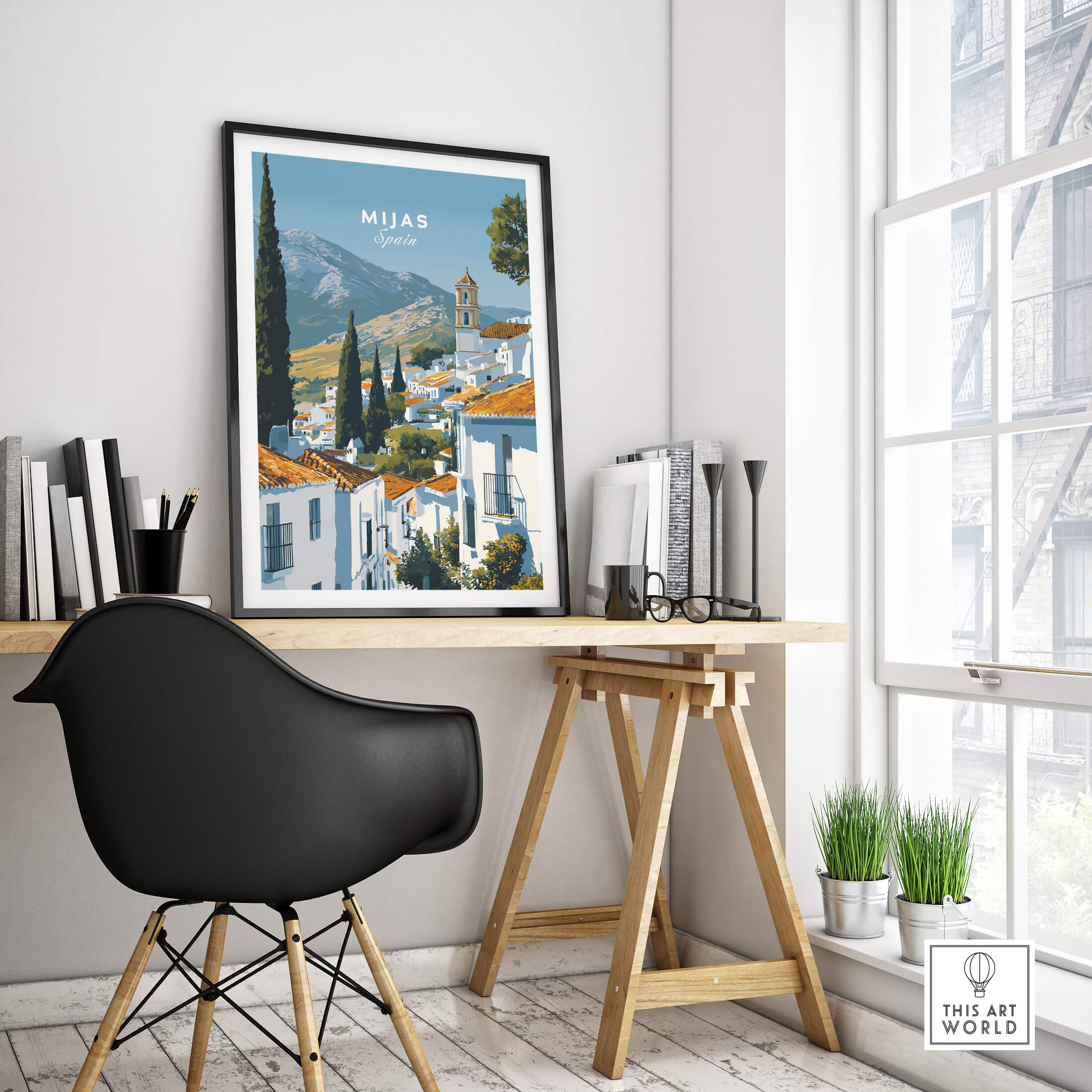 Mijas Spain Wall Art Print | Andalusian White Village Travel Poster showcased in a stylish interior setting.