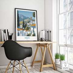 Mijas Spain Poster | Scenic Mountain Town Landscape Canvas Print displayed in a modern workspace.