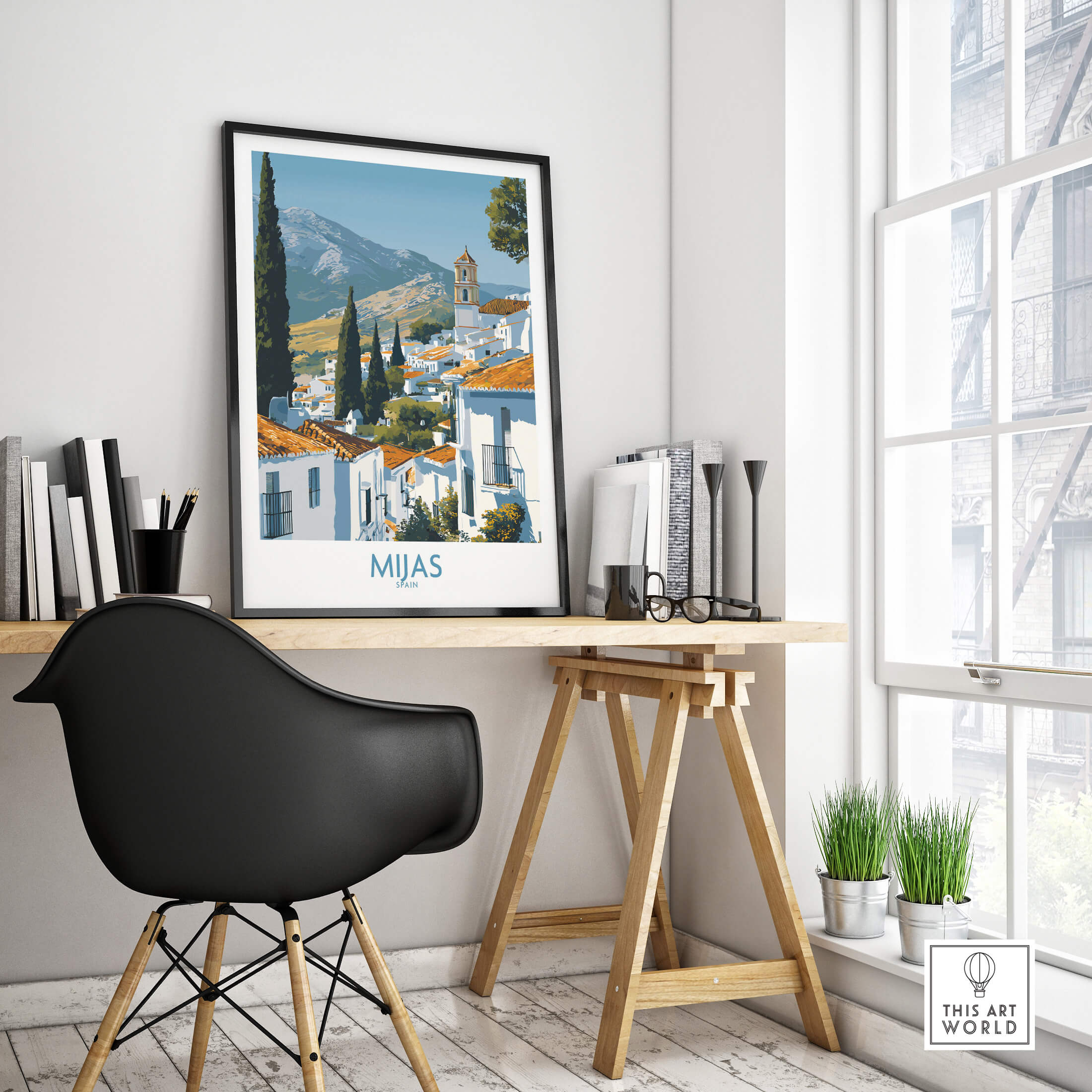 Mijas Spain Poster | Scenic Mountain Town Landscape Canvas Print displayed in a modern workspace.