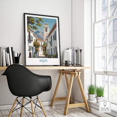 Mijas Spain Canvas Print | Historic Spanish Village Scene Poster displayed in a modern home office setting.