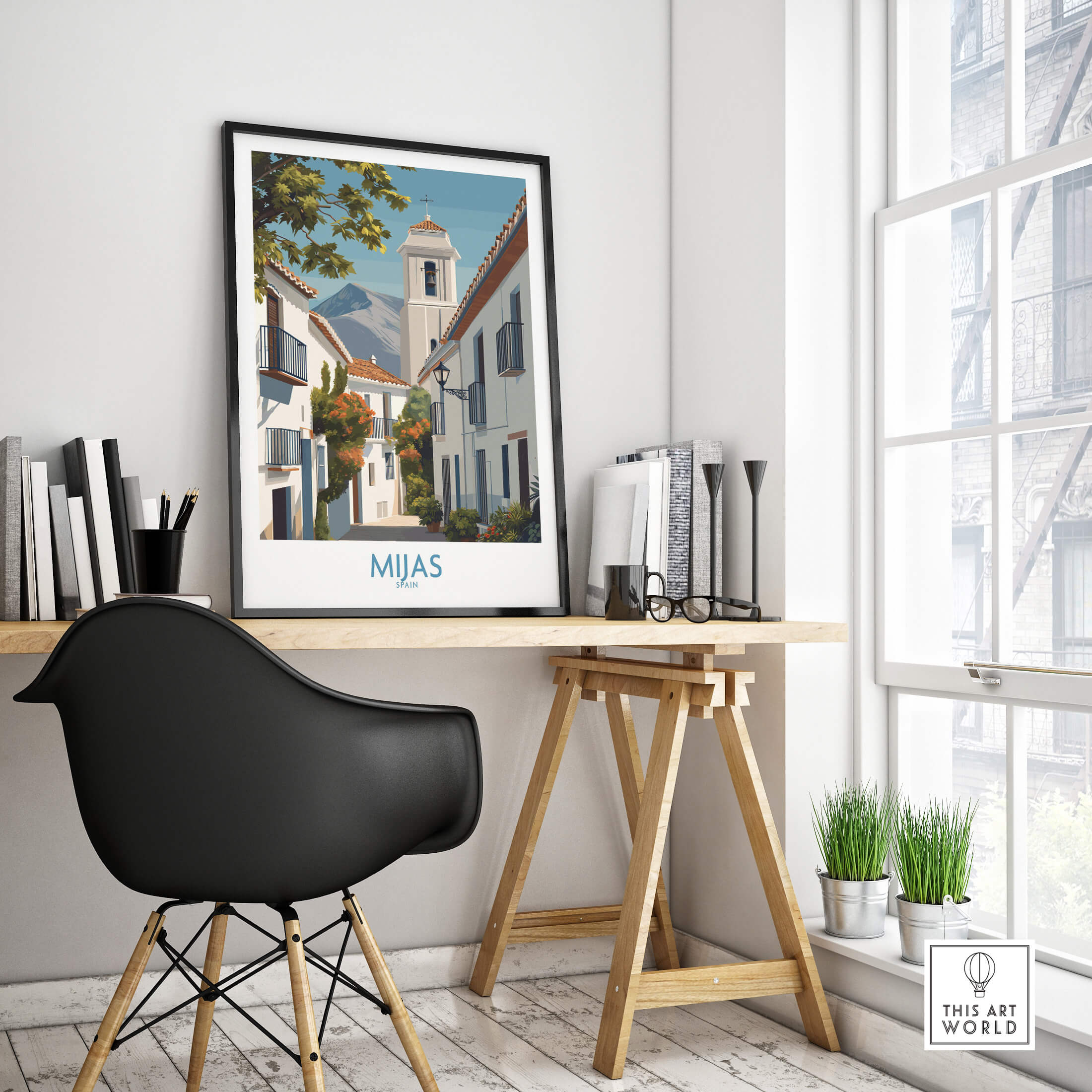 Mijas Spain Canvas Print | Historic Spanish Village Scene Poster displayed in a modern home office setting.