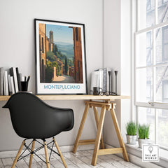 Montepulciano Italy Poster | Tuscany Landscape Vineyard Canvas Print displayed in a stylish home office setting.