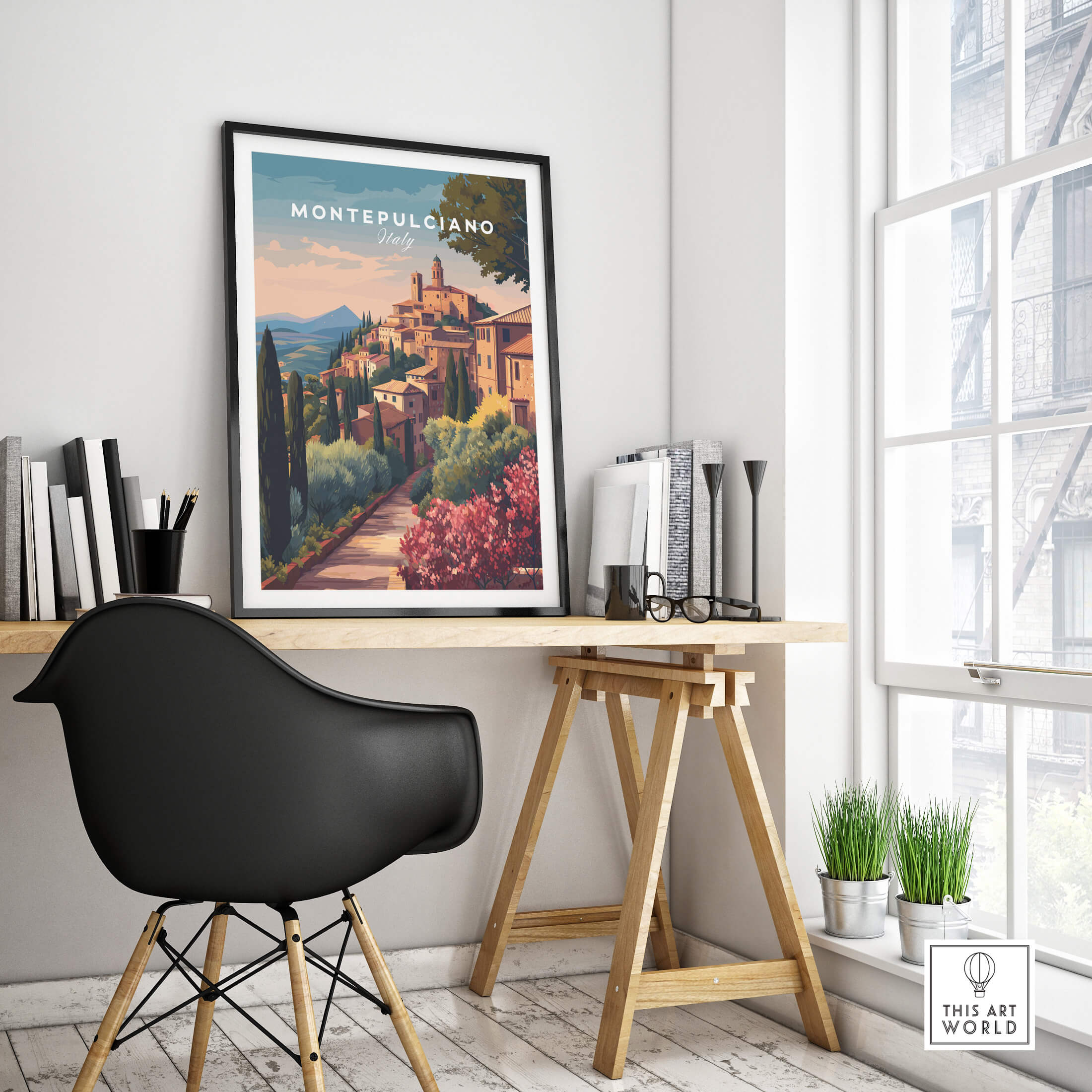 Montepulciano Italy Travel Poster | Tuscan Sunset Wall Art Print displayed in a modern interior workspace.