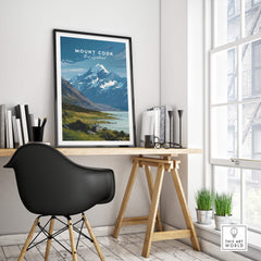 Mount Cook New Zealand Wall Art Print | Aoraki National Park Travel Poster displayed in a modern workspace setting.