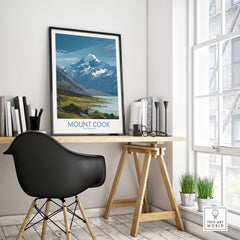 Mount Cook New Zealand Poster | Southern Alps Mountain Canvas Print displayed in a modern interior with workspace.