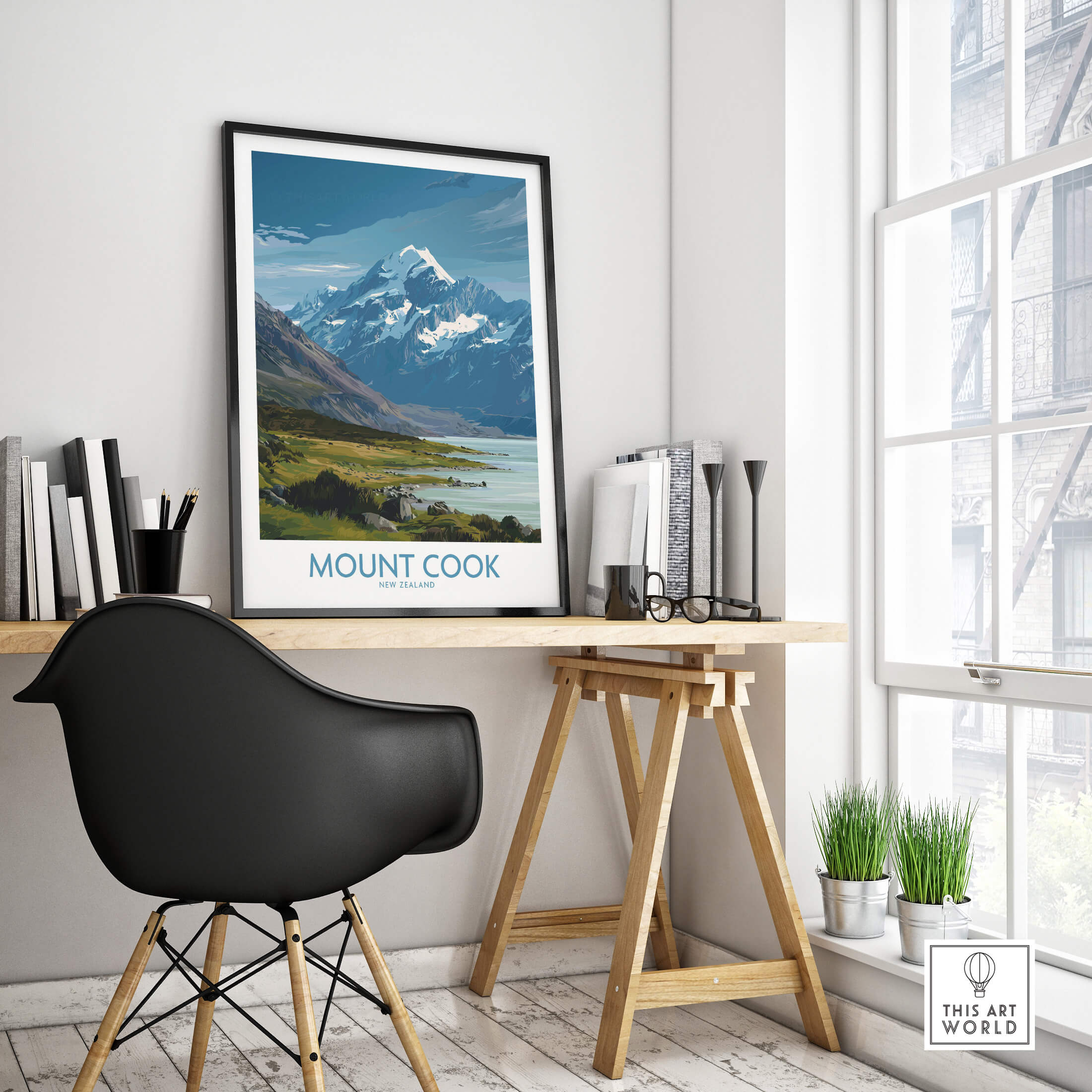 Mount Cook New Zealand Poster | Southern Alps Mountain Canvas Print displayed in a modern interior with workspace.