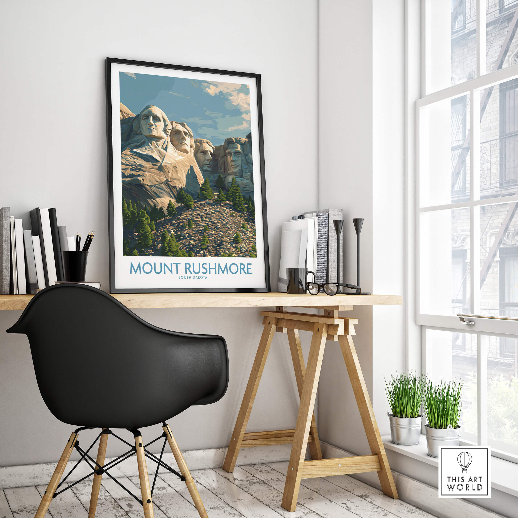 Mount Rushmore Poster | Black Hills National Memorial Canvas Print displayed in a stylish home office setting.