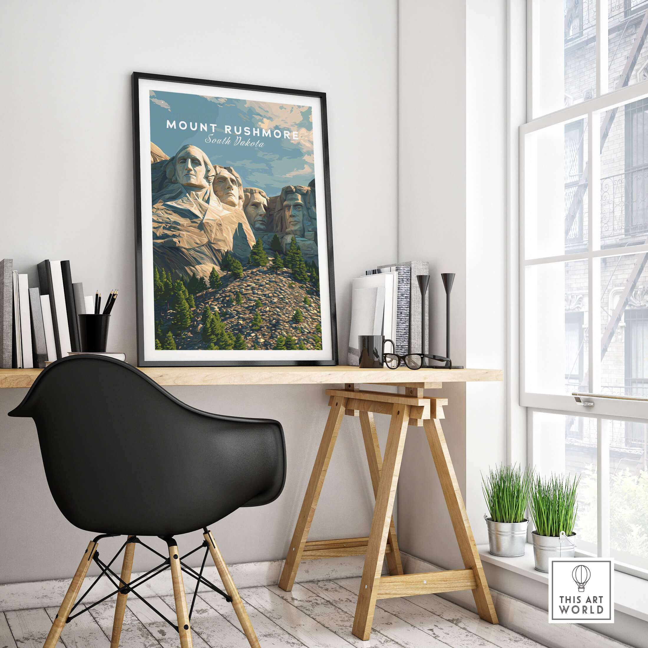 Mount Rushmore Wall Art Print | American Landmark Travel Poster displayed in a modern workspace with natural light.