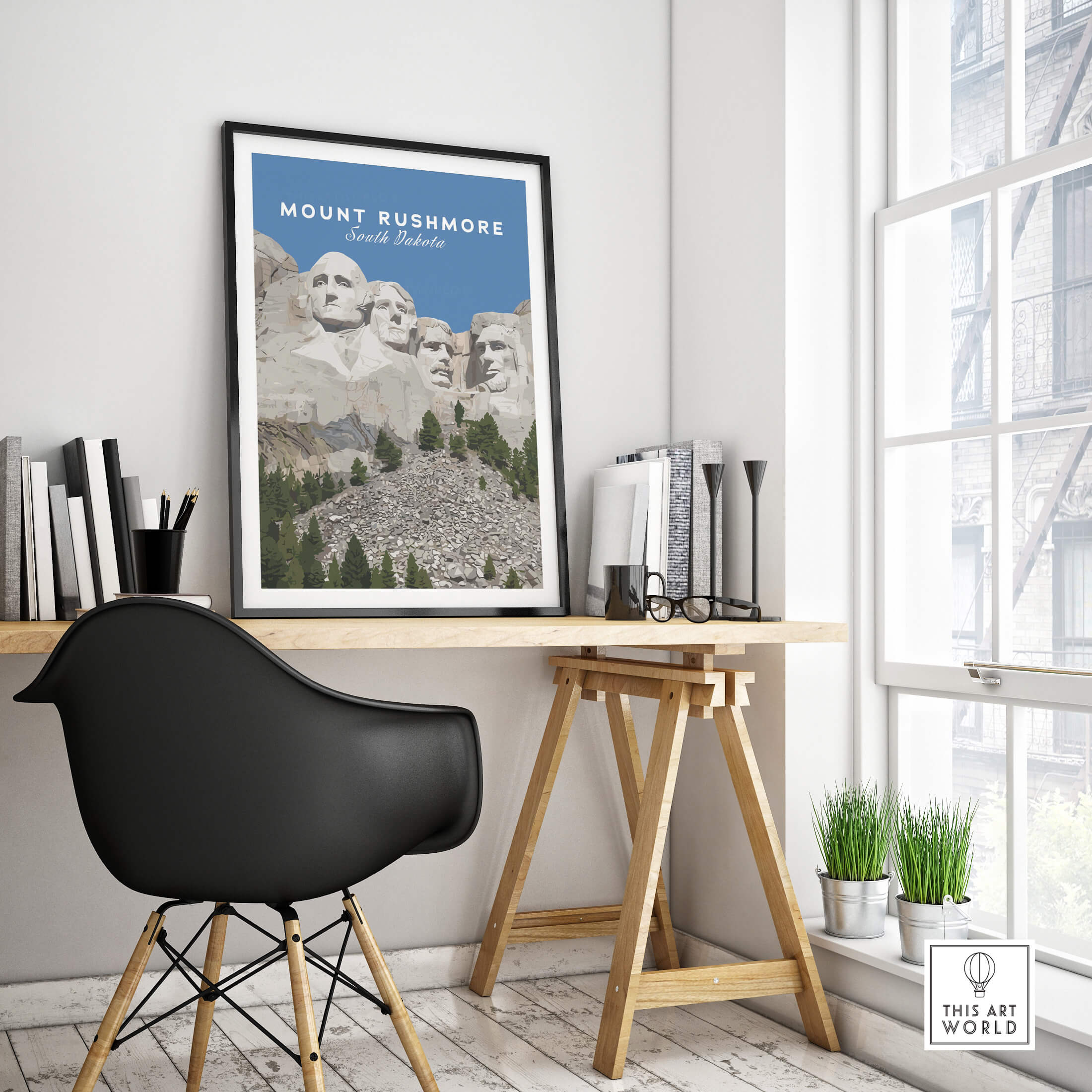 Mount Rushmore Print | National Memorial Wall Art displayed in a modern office setting, showcasing iconic American heritage.