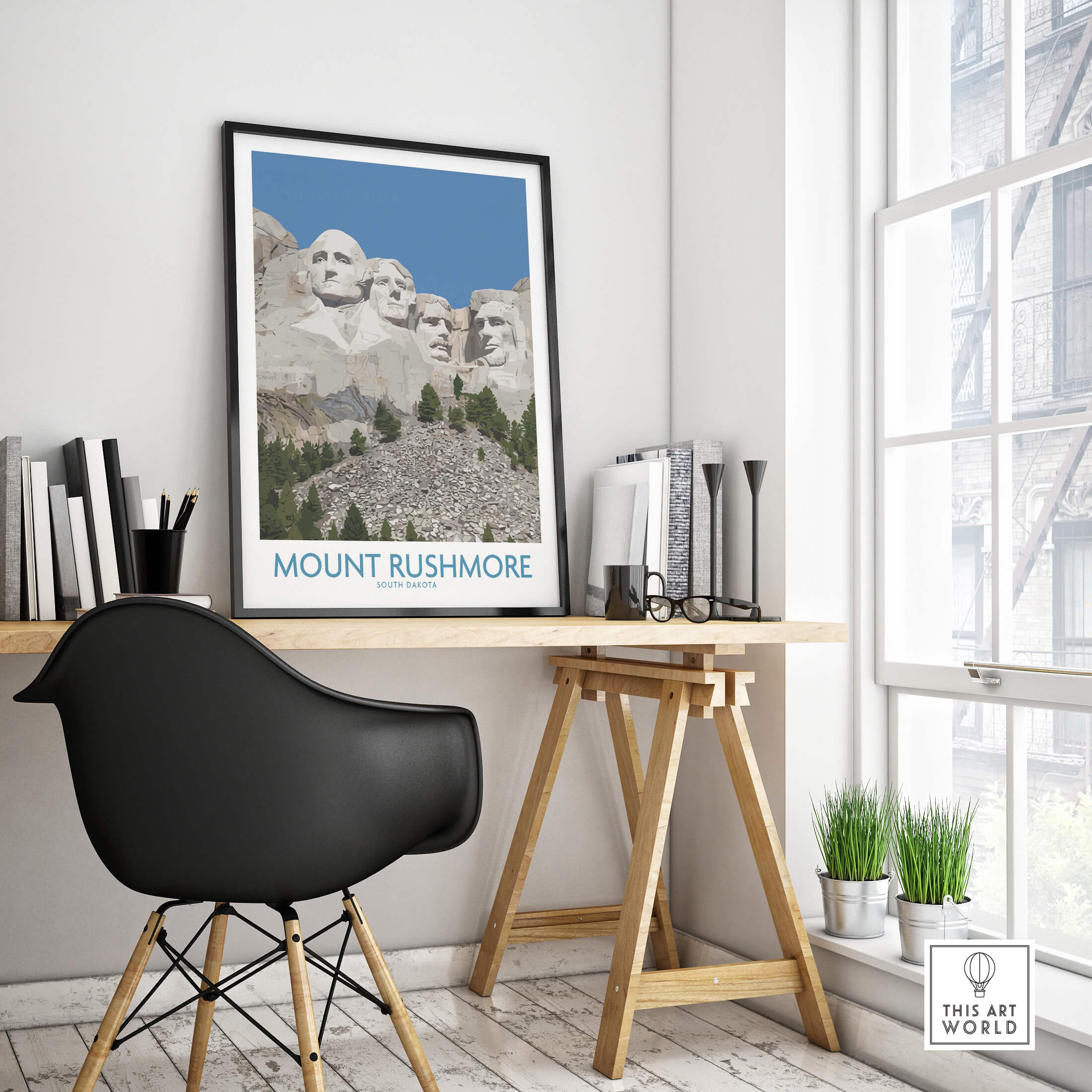 Mount Rushmore Poster | Black Hills National Memorial Canvas Print South Dakota displayed in a modern workspace.