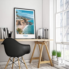 Nerja Spain Poster | Mediterranean Beach Landscape Canvas Print in a stylish home office setting.