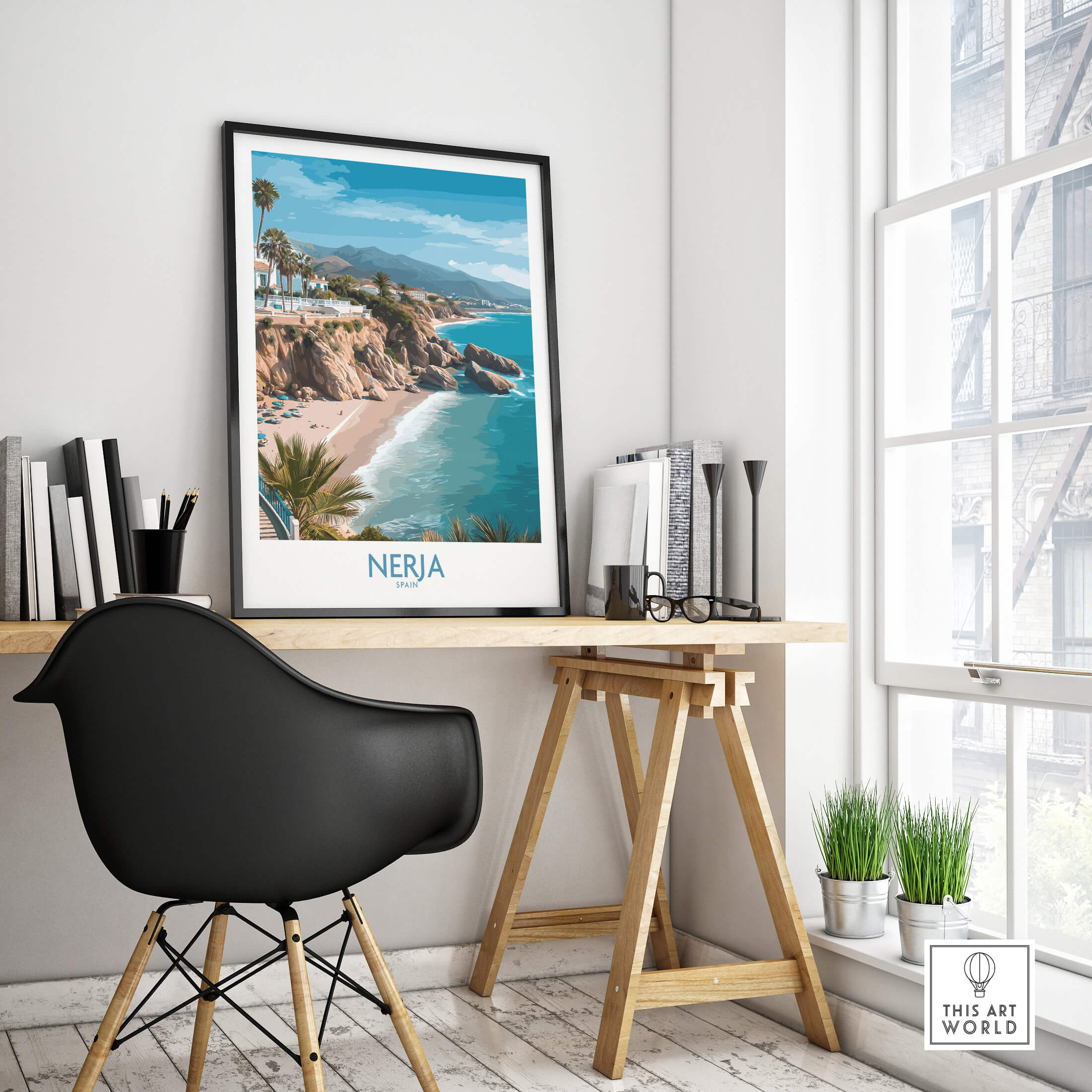 Nerja Spain Poster | Mediterranean Beach Landscape Canvas Print in a stylish home office setting.
