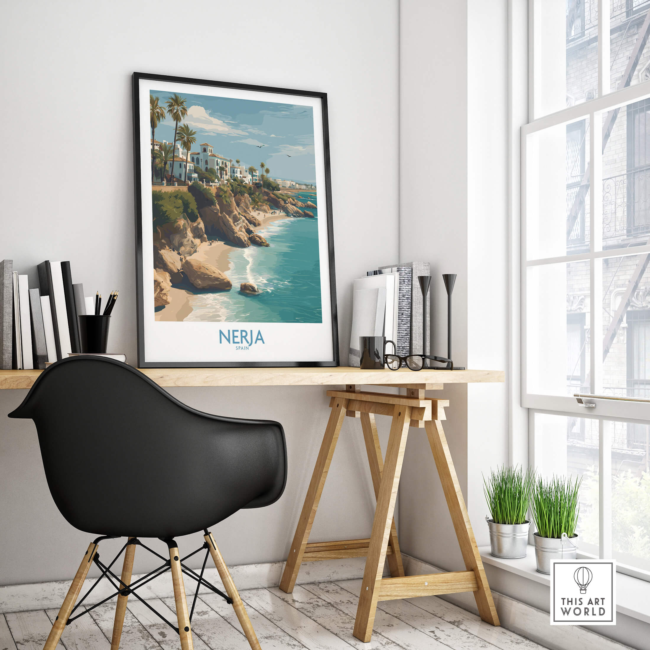 Nerja Spain Poster | Spanish Village Canvas Print displayed in a stylish office setting with coastal views.