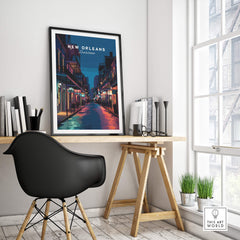 New Orleans Travel Poster | Bourbon Street Night Wall Art Print showcased in a stylish interior setting.