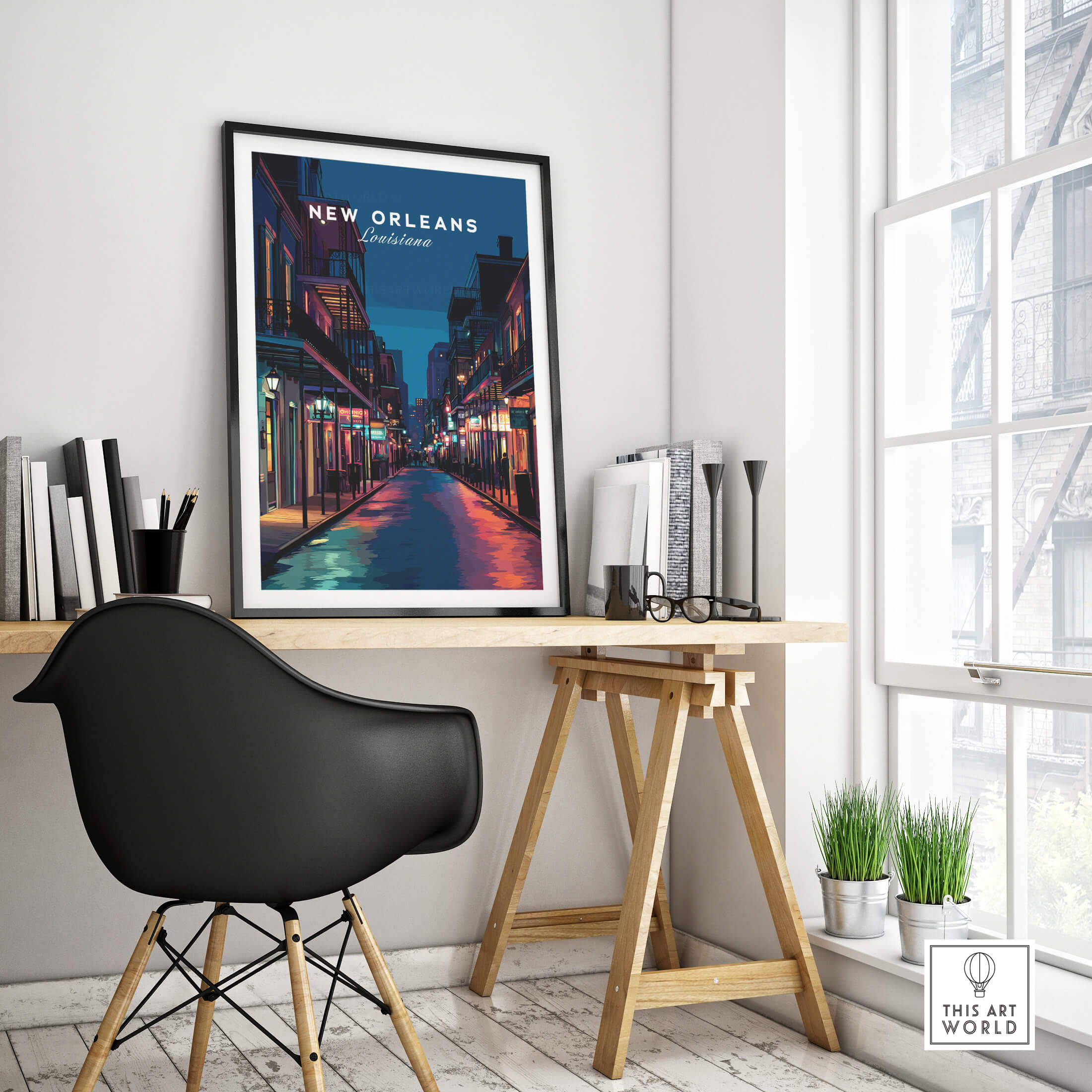 New Orleans Travel Poster | Bourbon Street Night Wall Art Print showcased in a stylish interior setting.