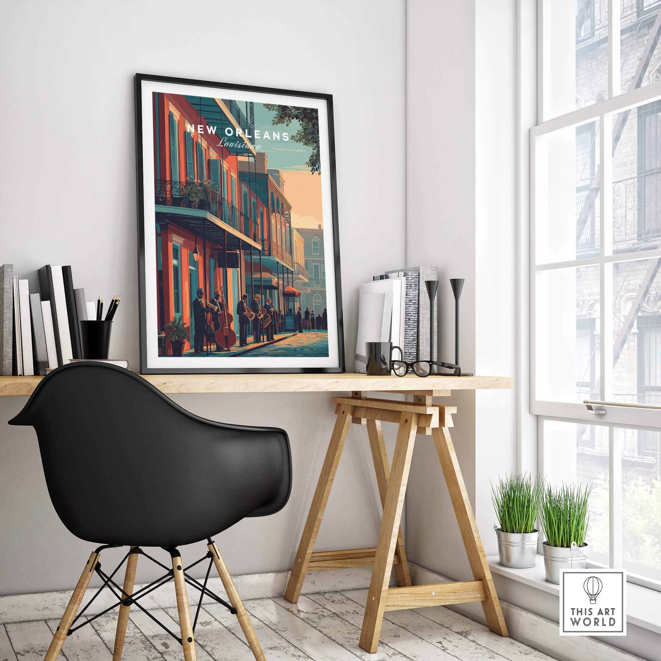 New Orleans Poster | Jazz Band Street Scene Wall Art Print showcased in a stylish interior with a modern desk and decor.